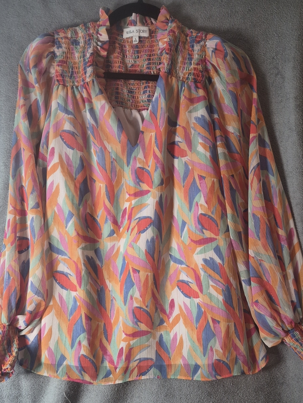 Multicolor Leaf-Print Peasant Blouse - Pink, Orange, Purple, Blue